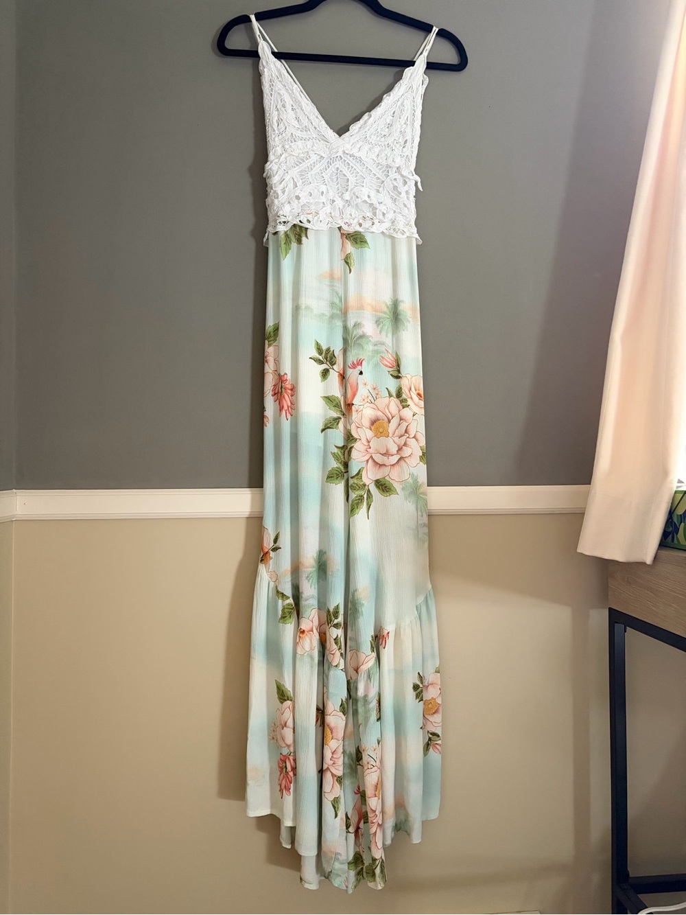 FARM Rio Jumpsuit Tropical Floral Print Crochet Lace Wide Leg Flowy Boho
